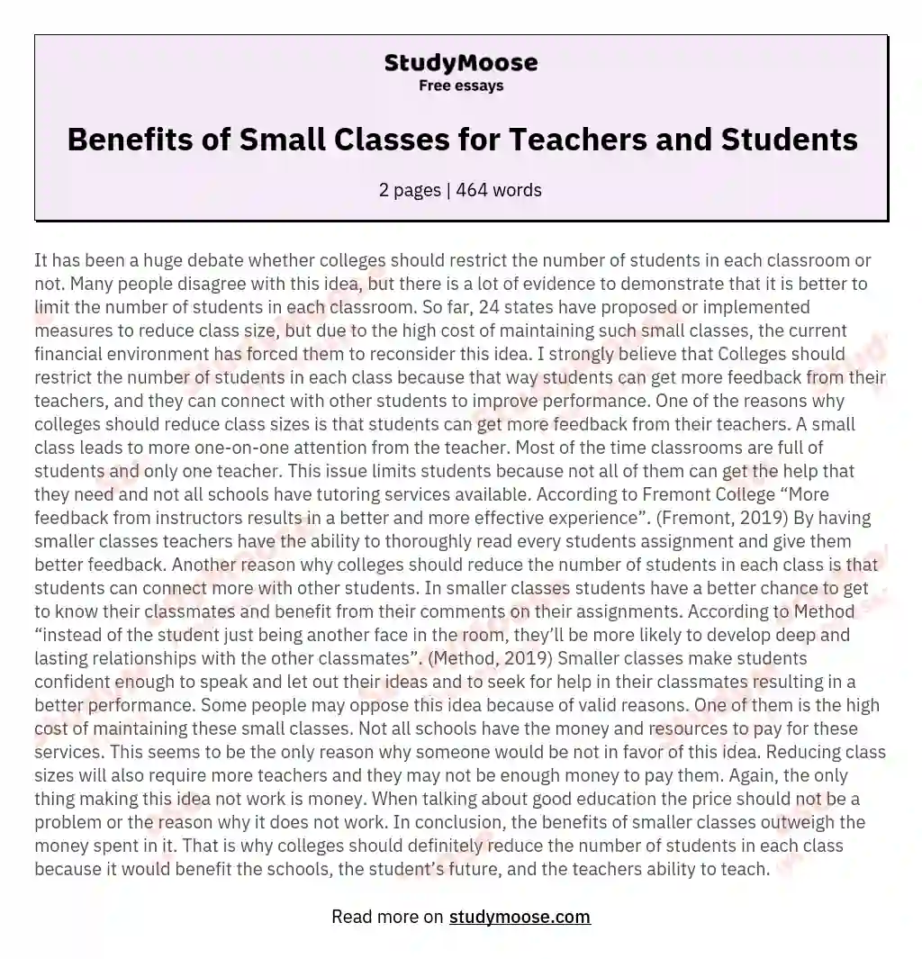 Benefits of Small Classes for Teachers and Students essay