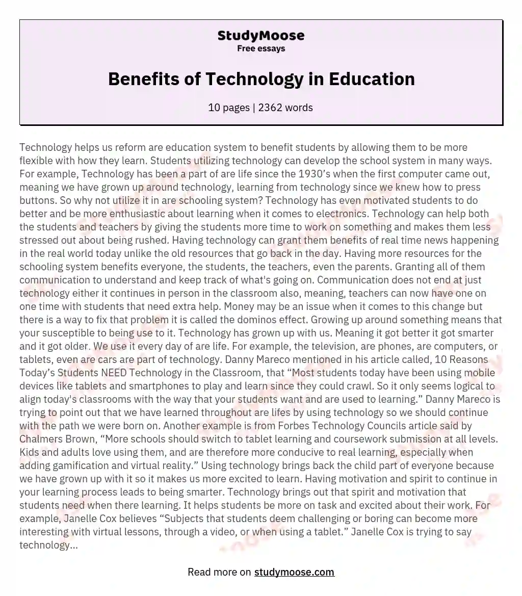 Benefits of Technology in Education essay