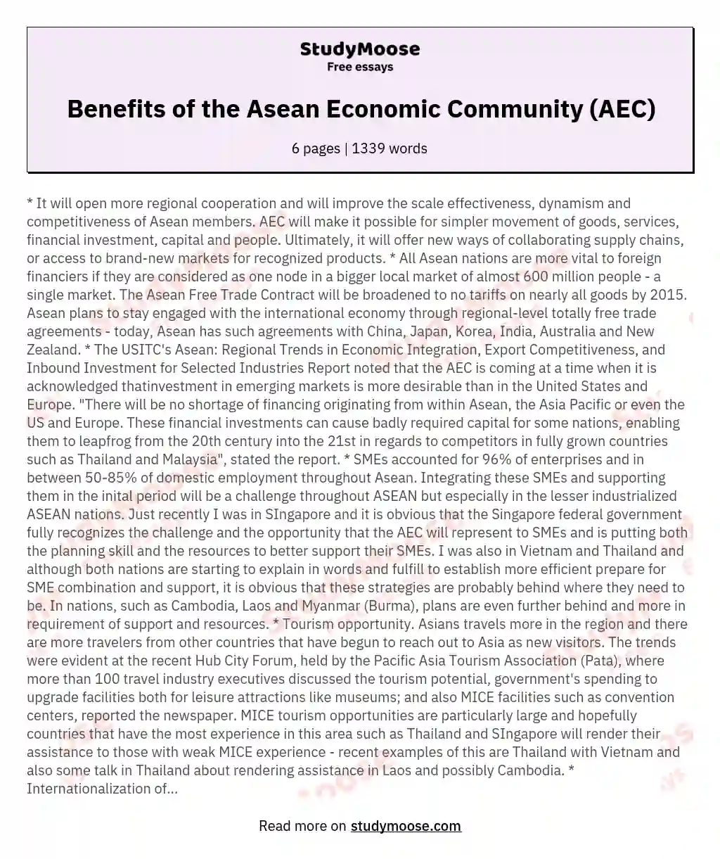 Benefits of the Asean Economic Community (AEC) essay