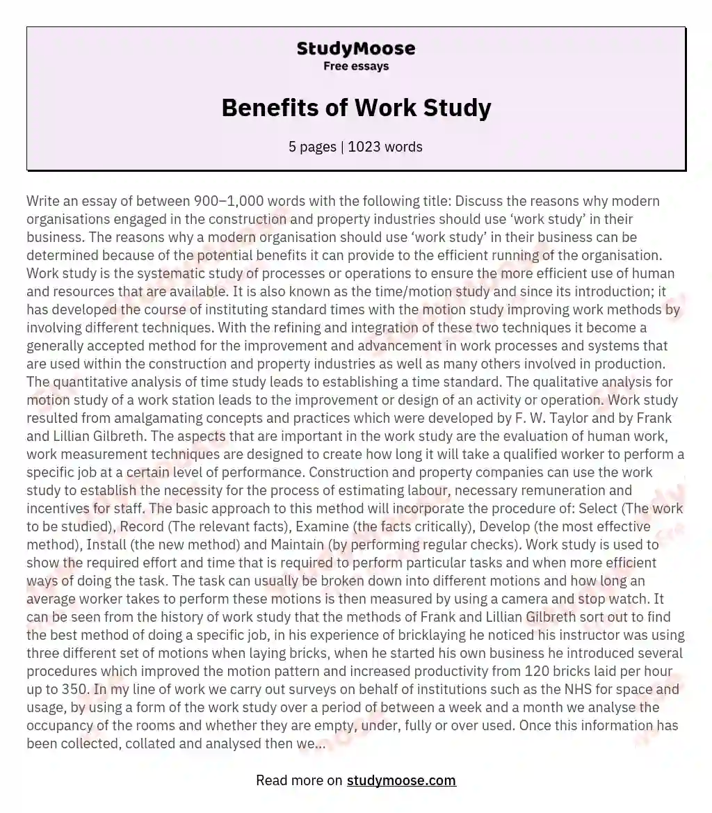 Benefits of Work Study essay