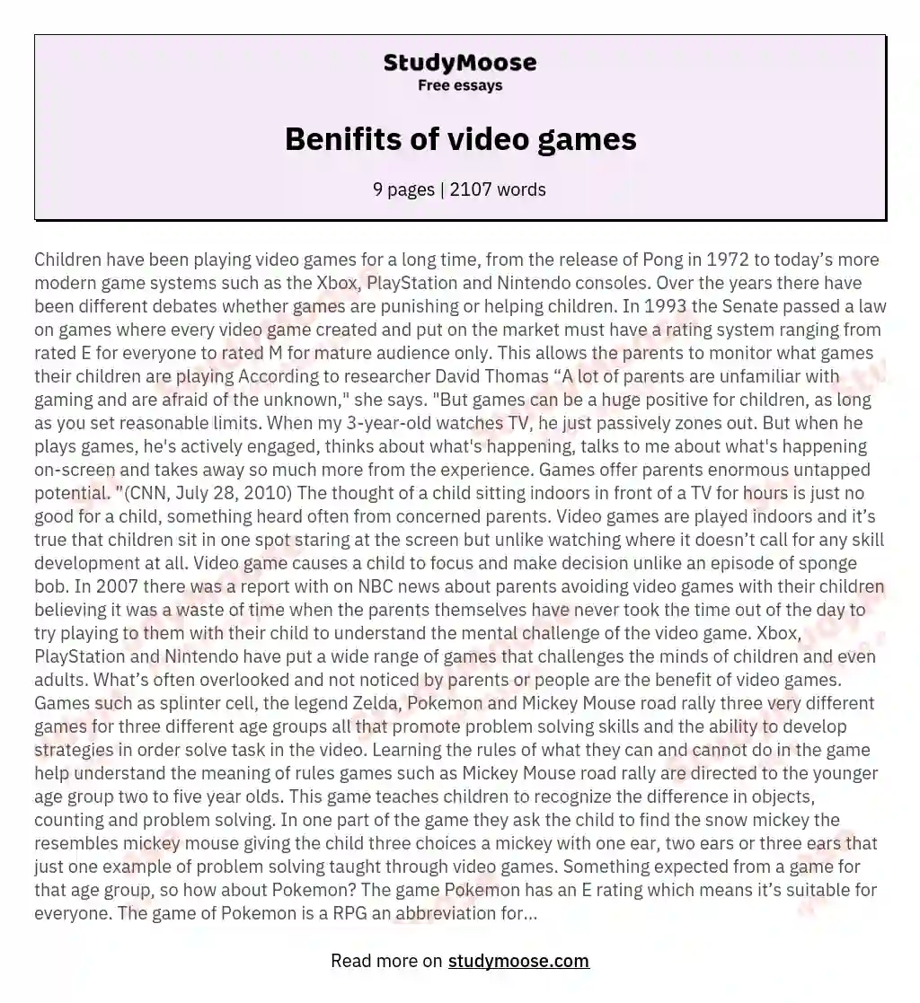Benifits of video games essay