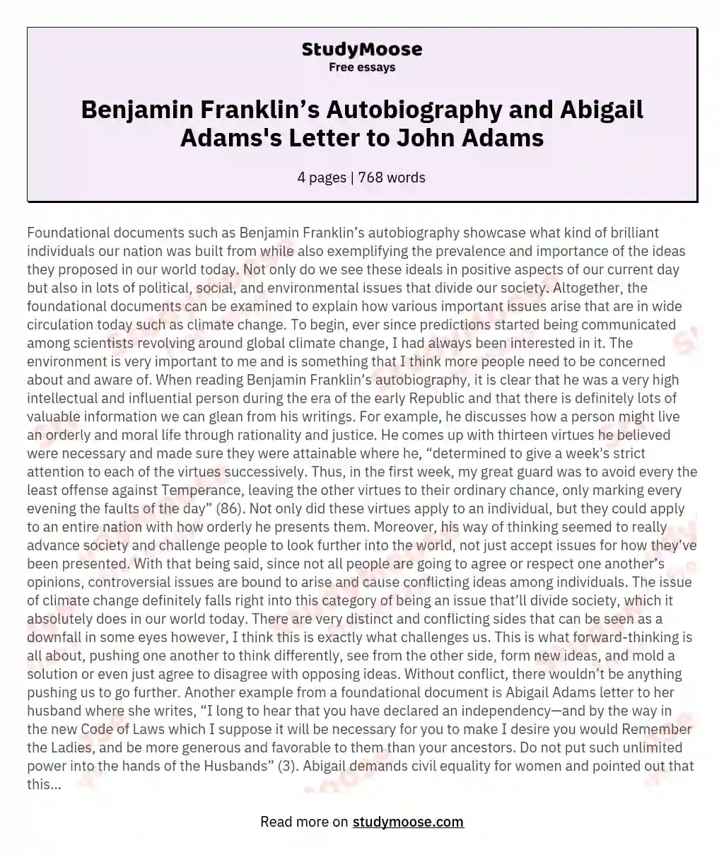 Benjamin Franklin’s Autobiography and Abigail Adams's Letter to John Adams essay