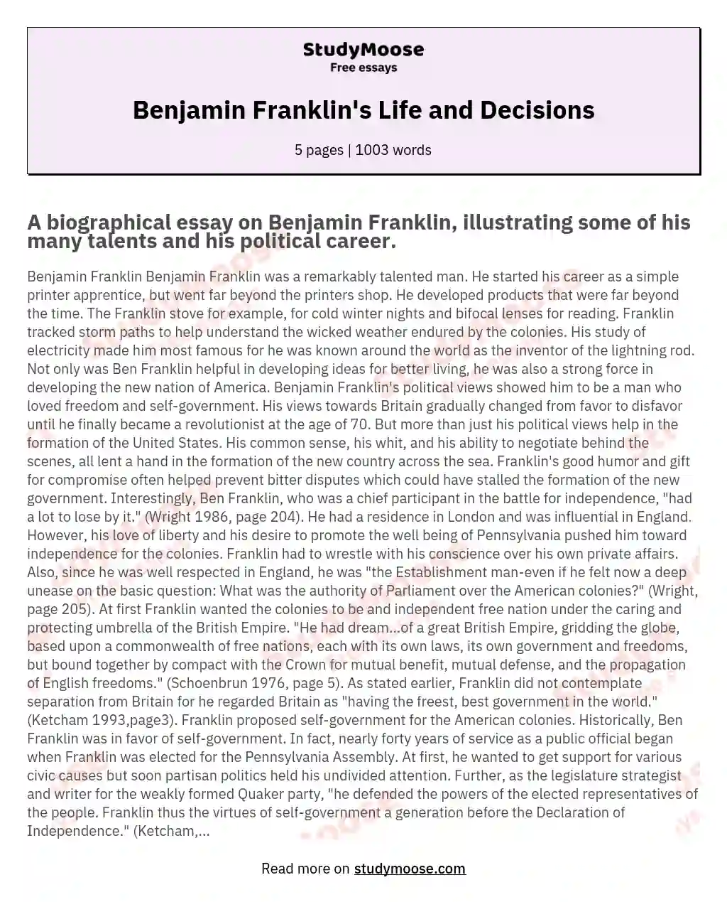 Benjamin Franklin's Life and Decisions