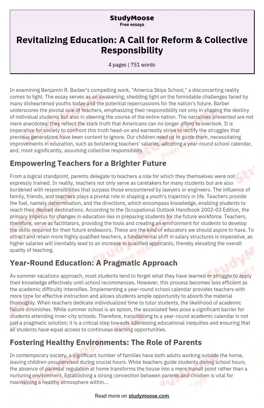 Revitalizing Education: A Call for Reform & Collective Responsibility essay