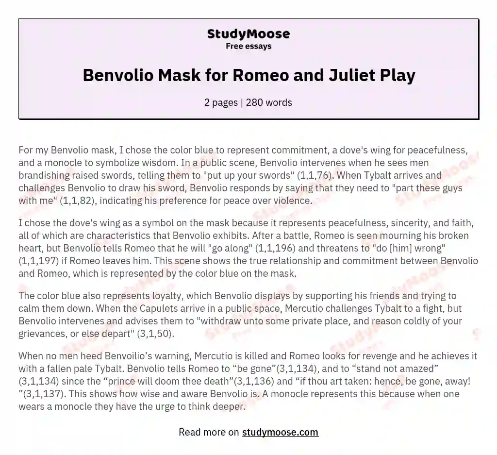 Benvolio Mask for Romeo and Juliet Play