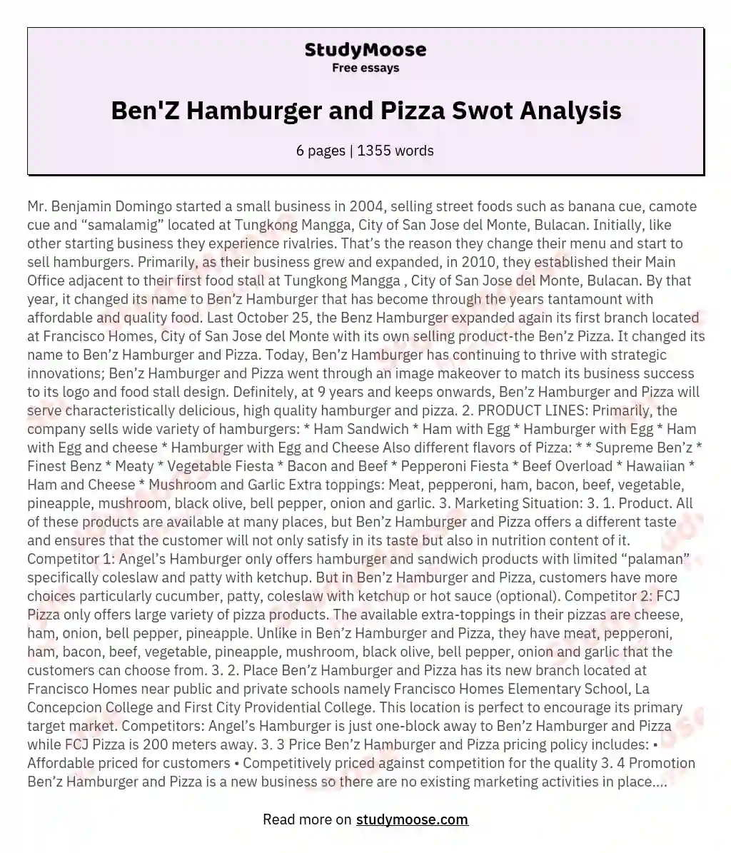Ben'Z Hamburger and Pizza Swot Analysis essay