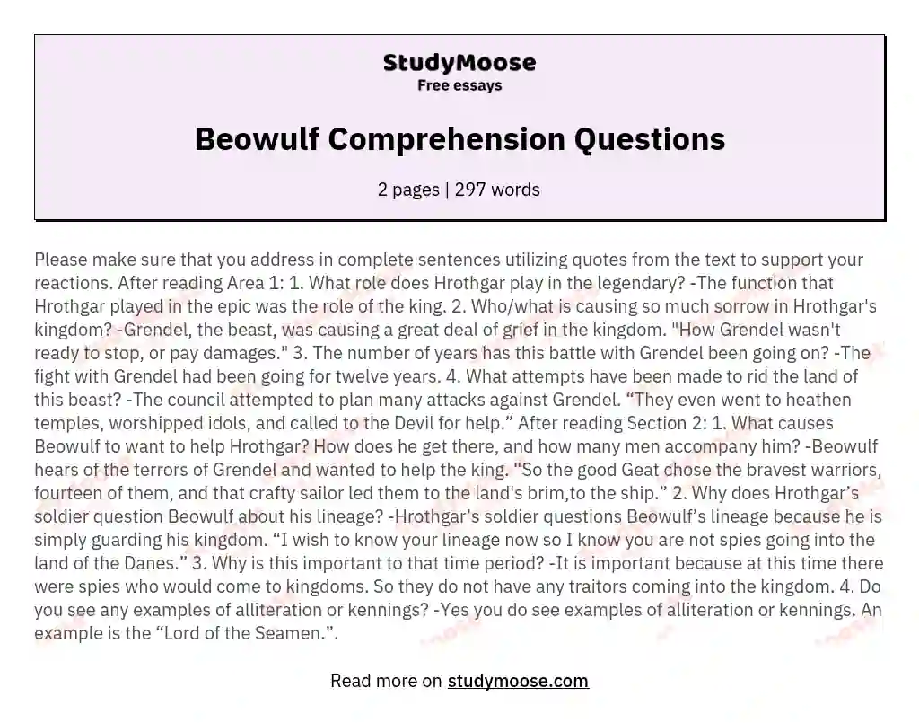 Beowulf Comprehension Questions essay