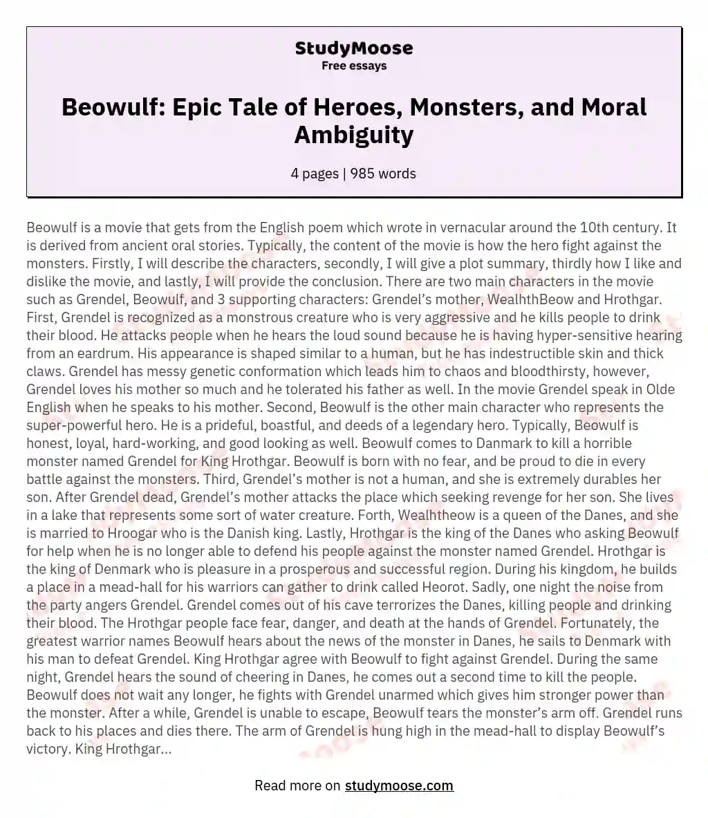 Beowulf: Epic Tale of Heroes, Monsters, and Moral Ambiguity essay