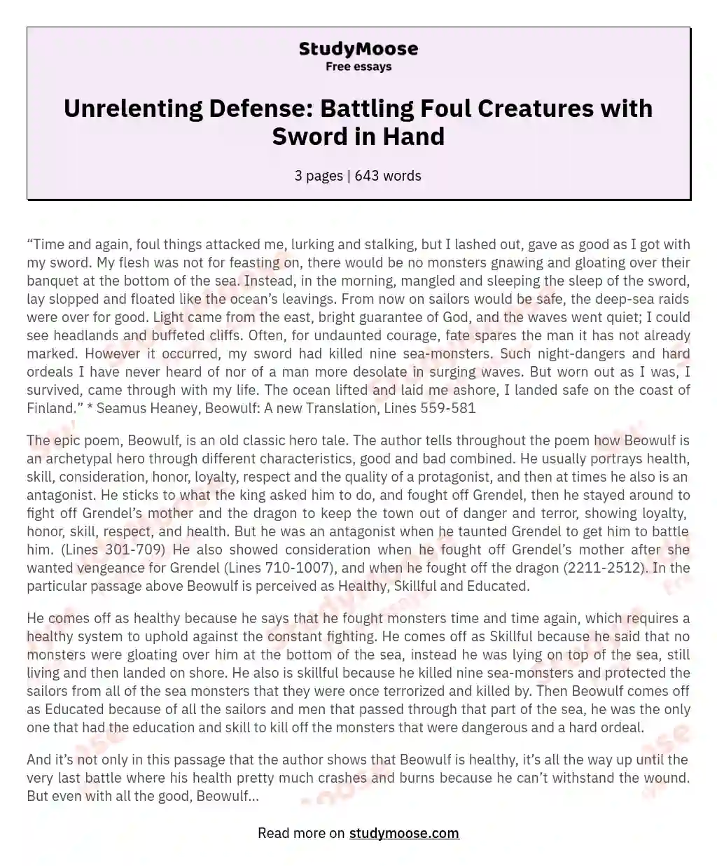 Unrelenting Defense: Battling Foul Creatures with Sword in Hand essay
