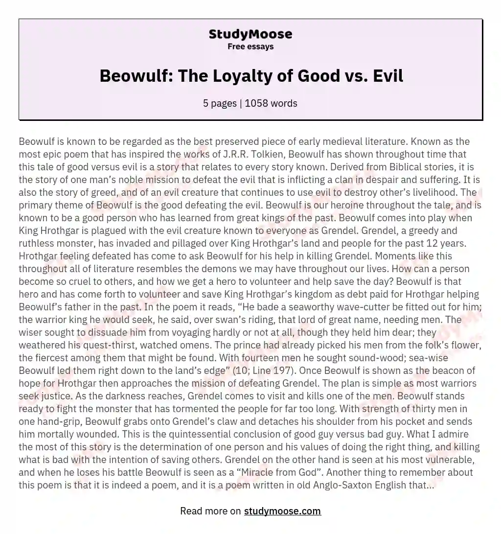Beowulf: The Loyalty of Good vs. Evil essay