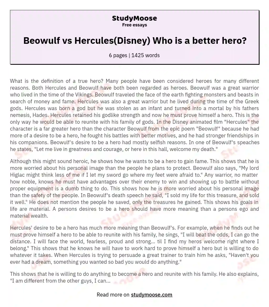 Beowulf vs Hercules(Disney) Who is a better hero? essay