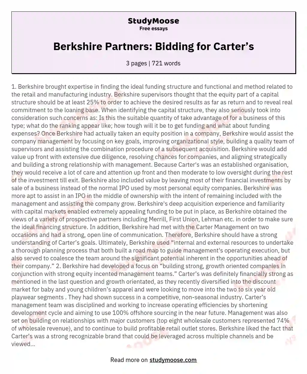 Berkshire Partners: Bidding for Carter’s essay