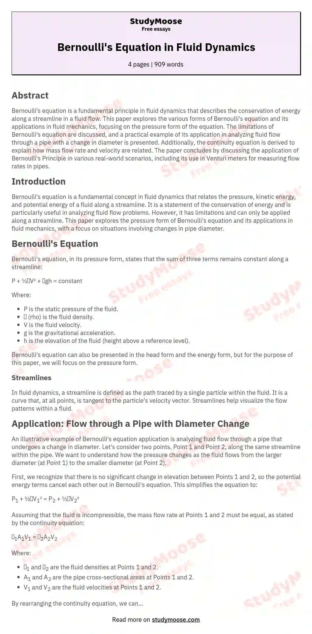 Bernoulli's Equation in Fluid Dynamics essay