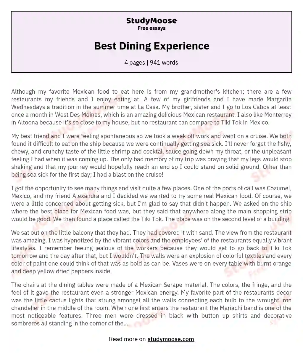 Best Dining Experience essay