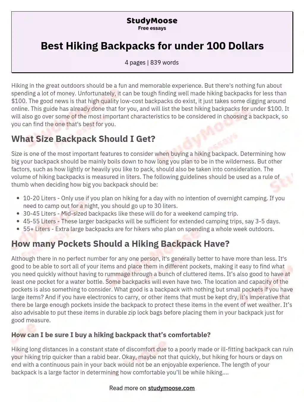 Best Hiking Backpacks for under 100 Dollars essay