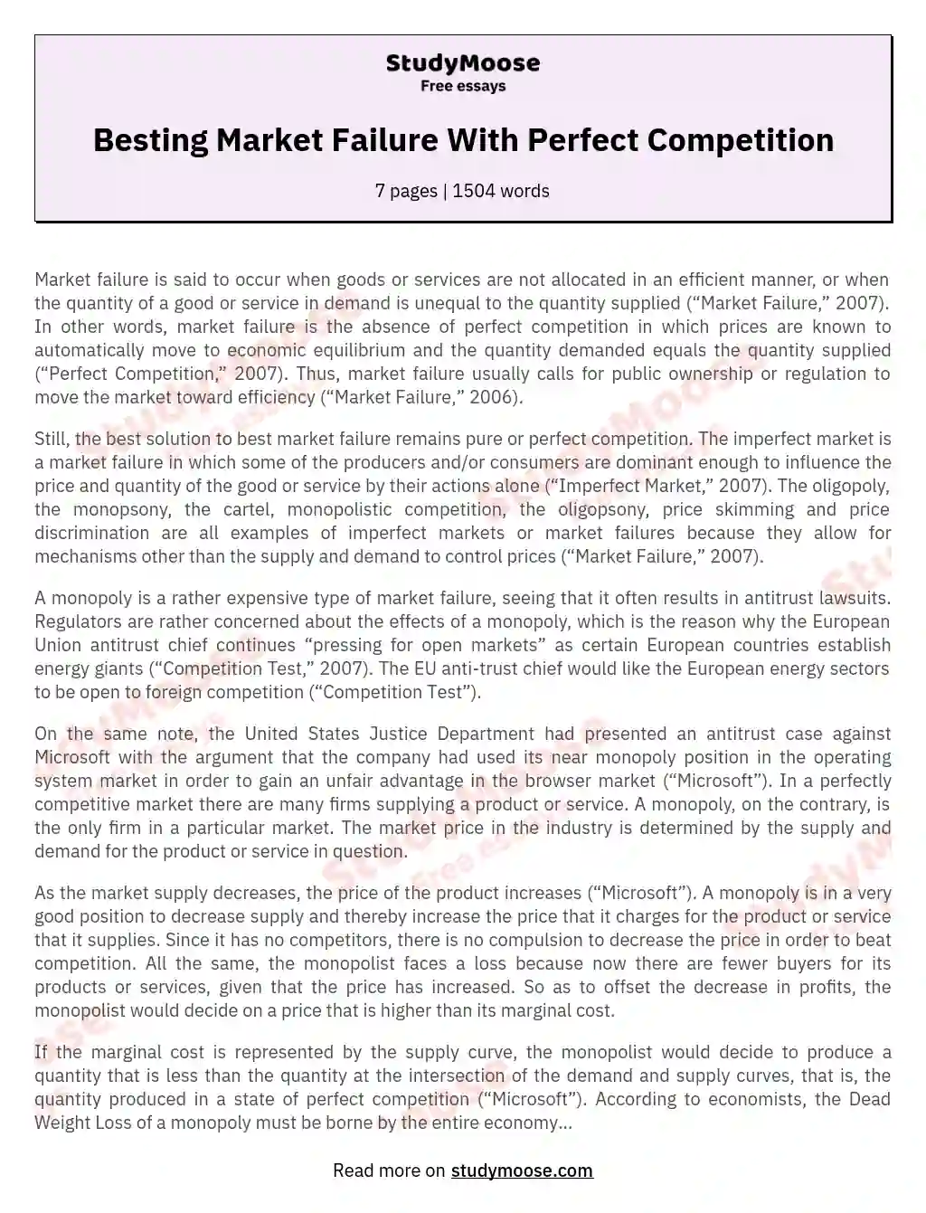 Besting Market Failure With Perfect Competition essay