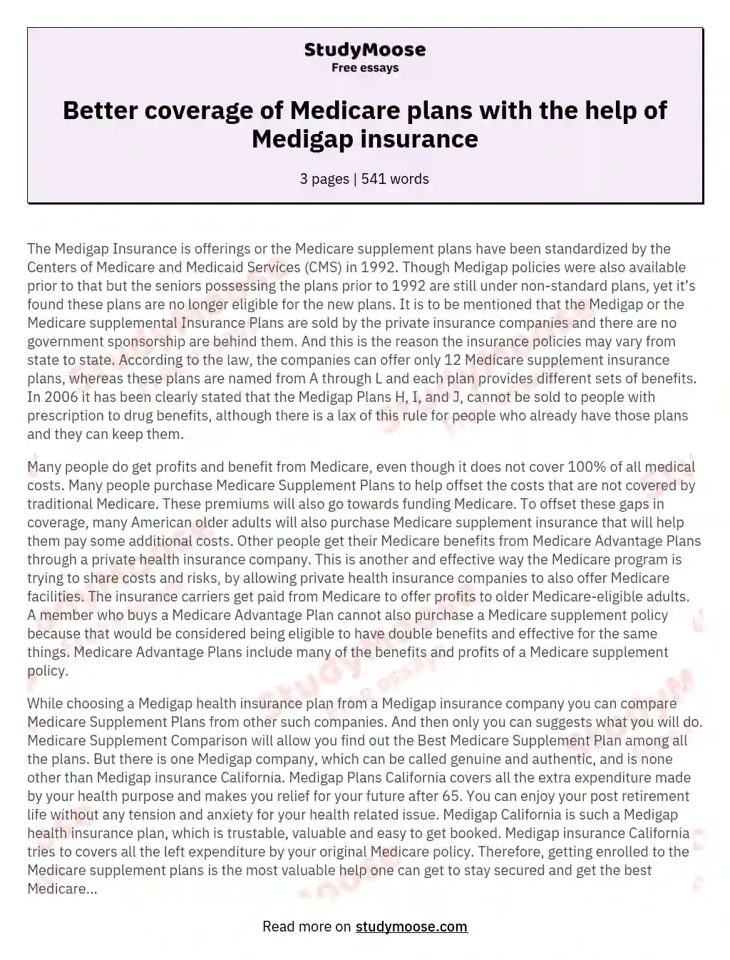 Better coverage of Medicare plans with the help of Medigap insurance essay