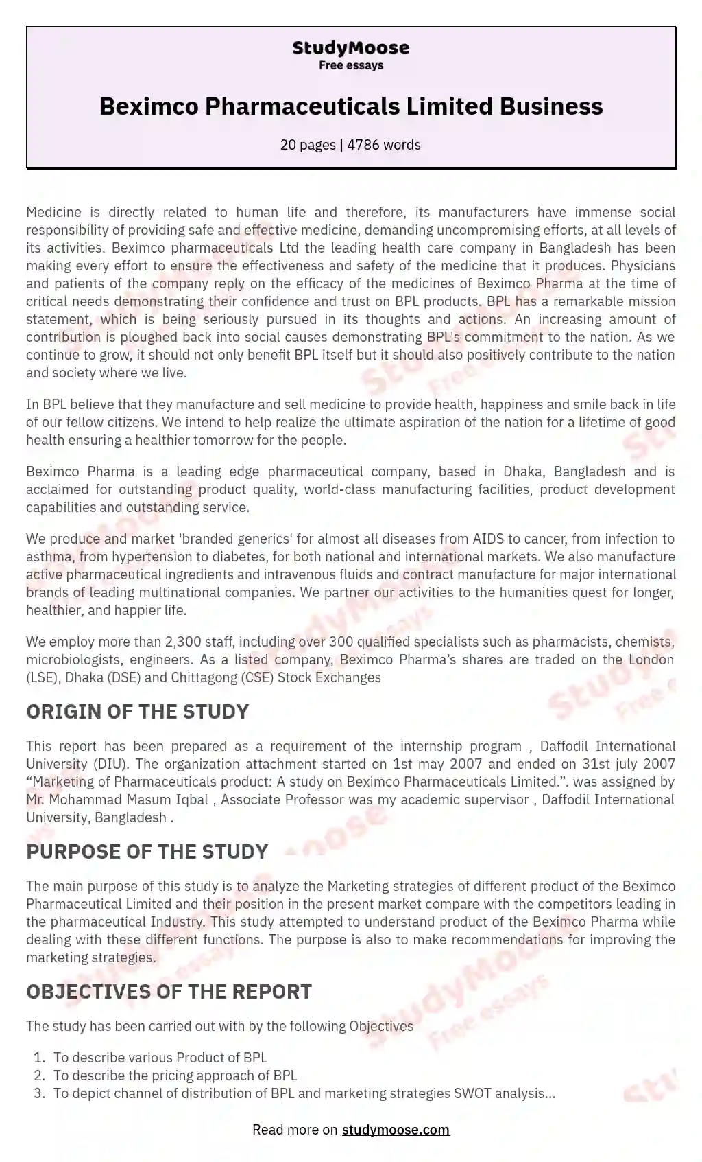 Beximco Pharmaceuticals Limited Business essay