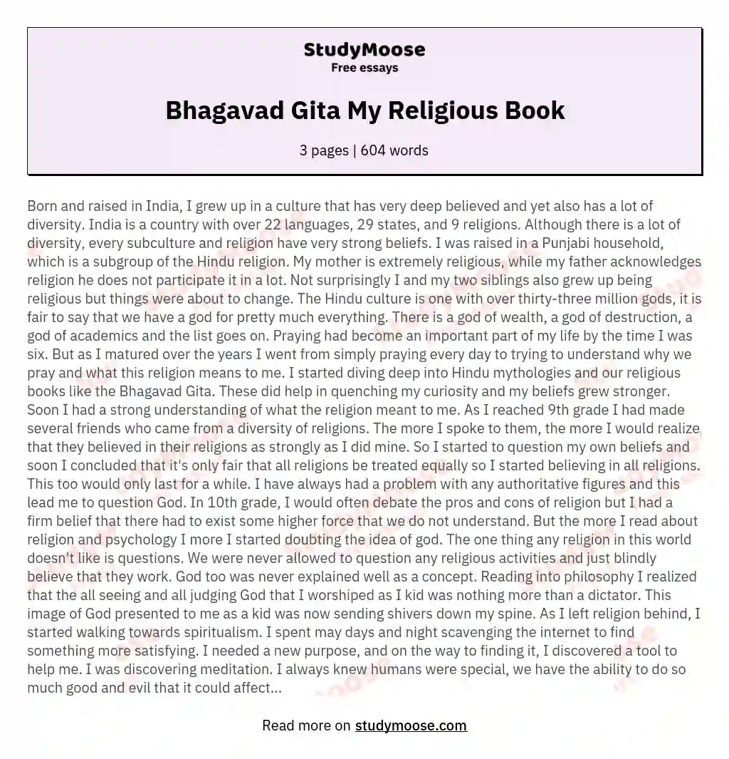 Bhagavad Gita My Religious Book essay