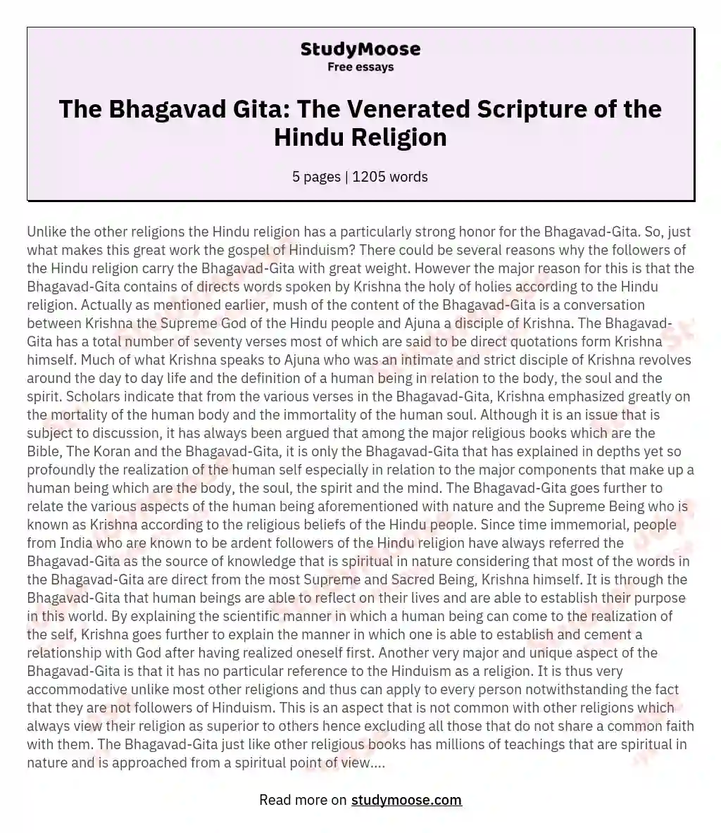 The Bhagavad Gita: The Venerated Scripture of the Hindu Religion essay