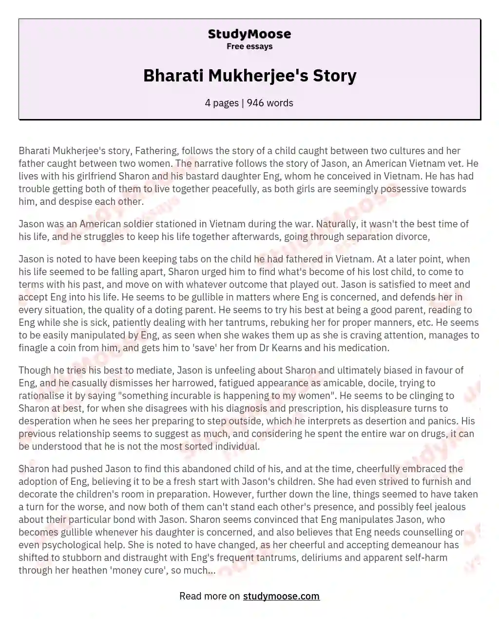 Bharati Mukherjee's Story essay