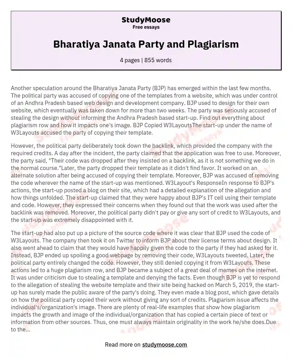Bharatiya Janata Party and Plagiarism essay