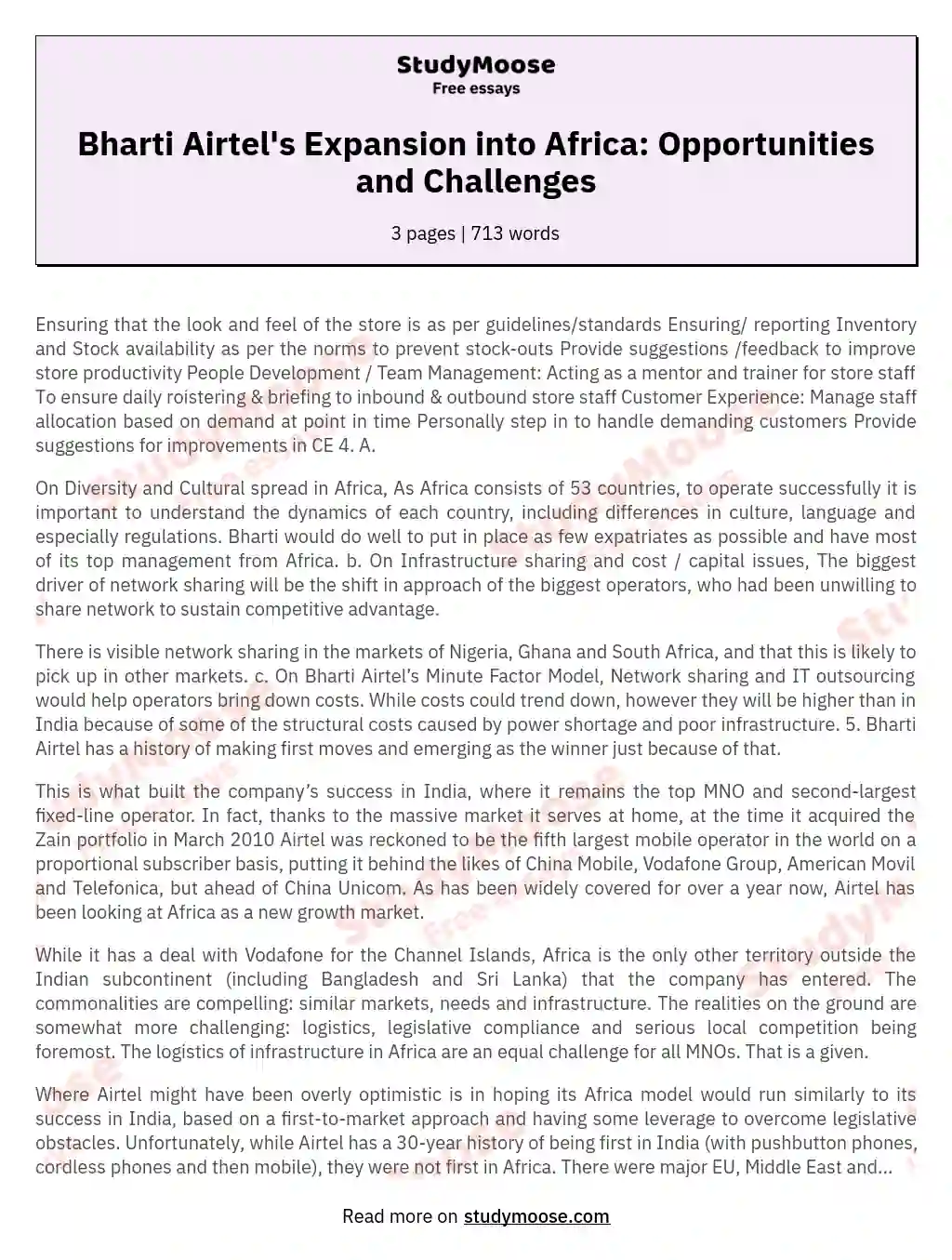 Bharti Airtel's Expansion into Africa: Opportunities and Challenges essay
