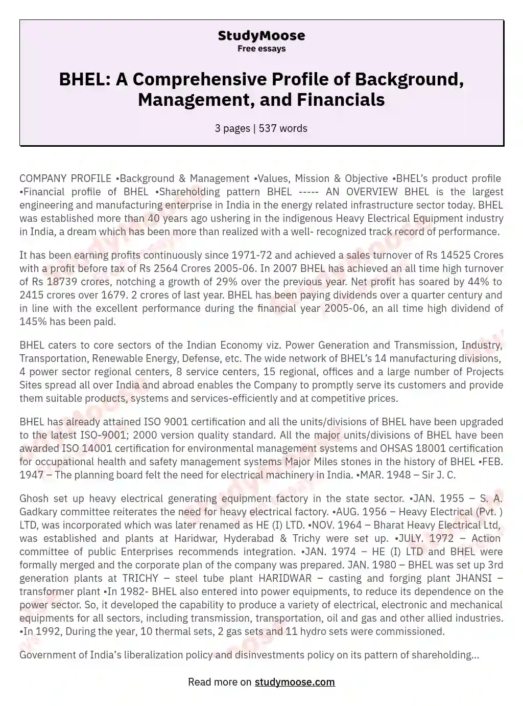BHEL: A Comprehensive Profile of Background, Management, and Financials essay