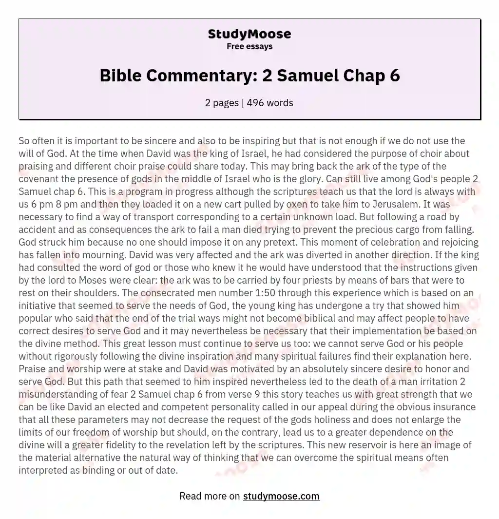 Bible Commentary: 2 Samuel Chap 6 essay