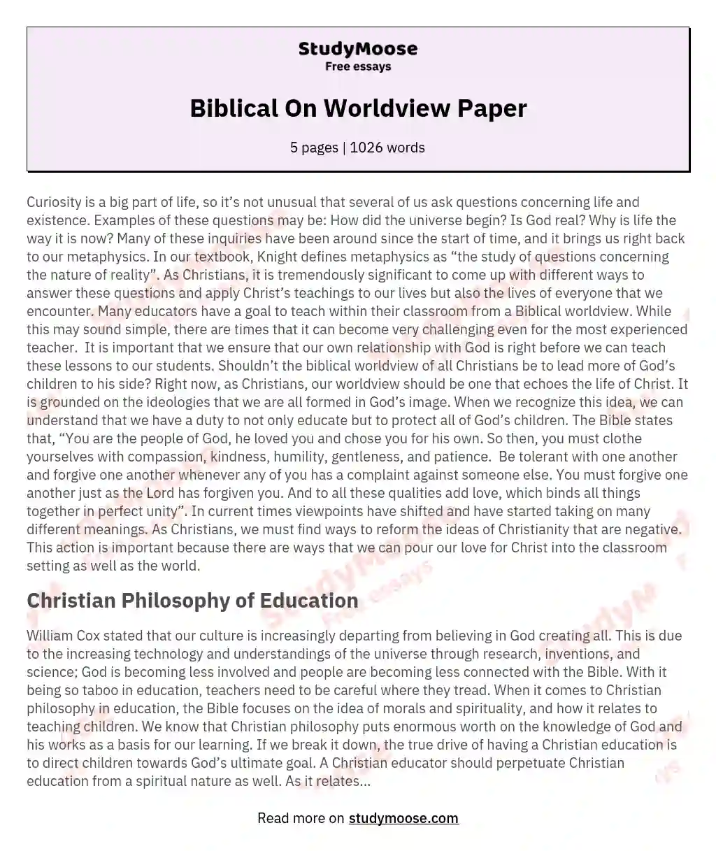 Biblical On Worldview Paper essay