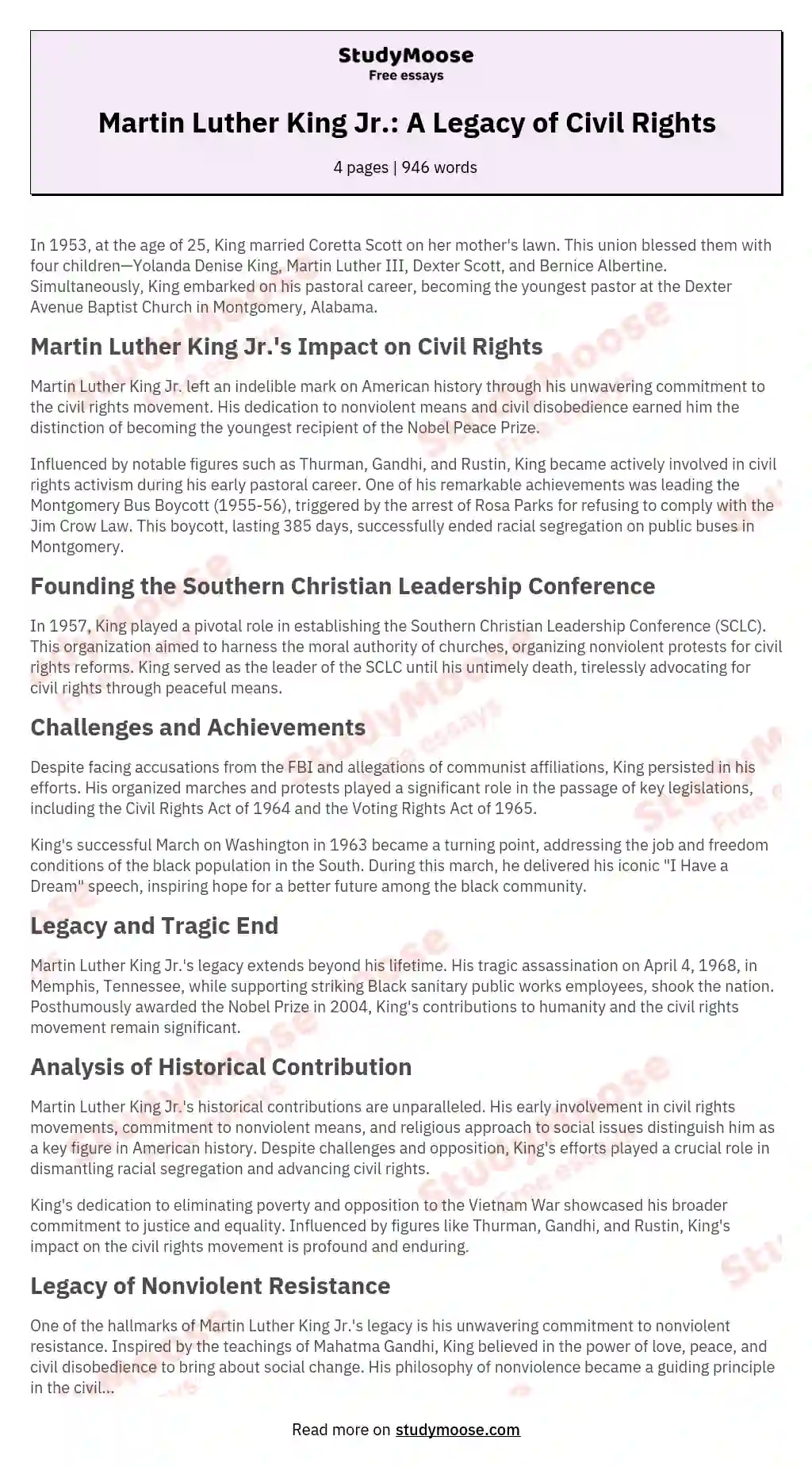 Martin Luther King Jr.: A Legacy of Civil Rights essay