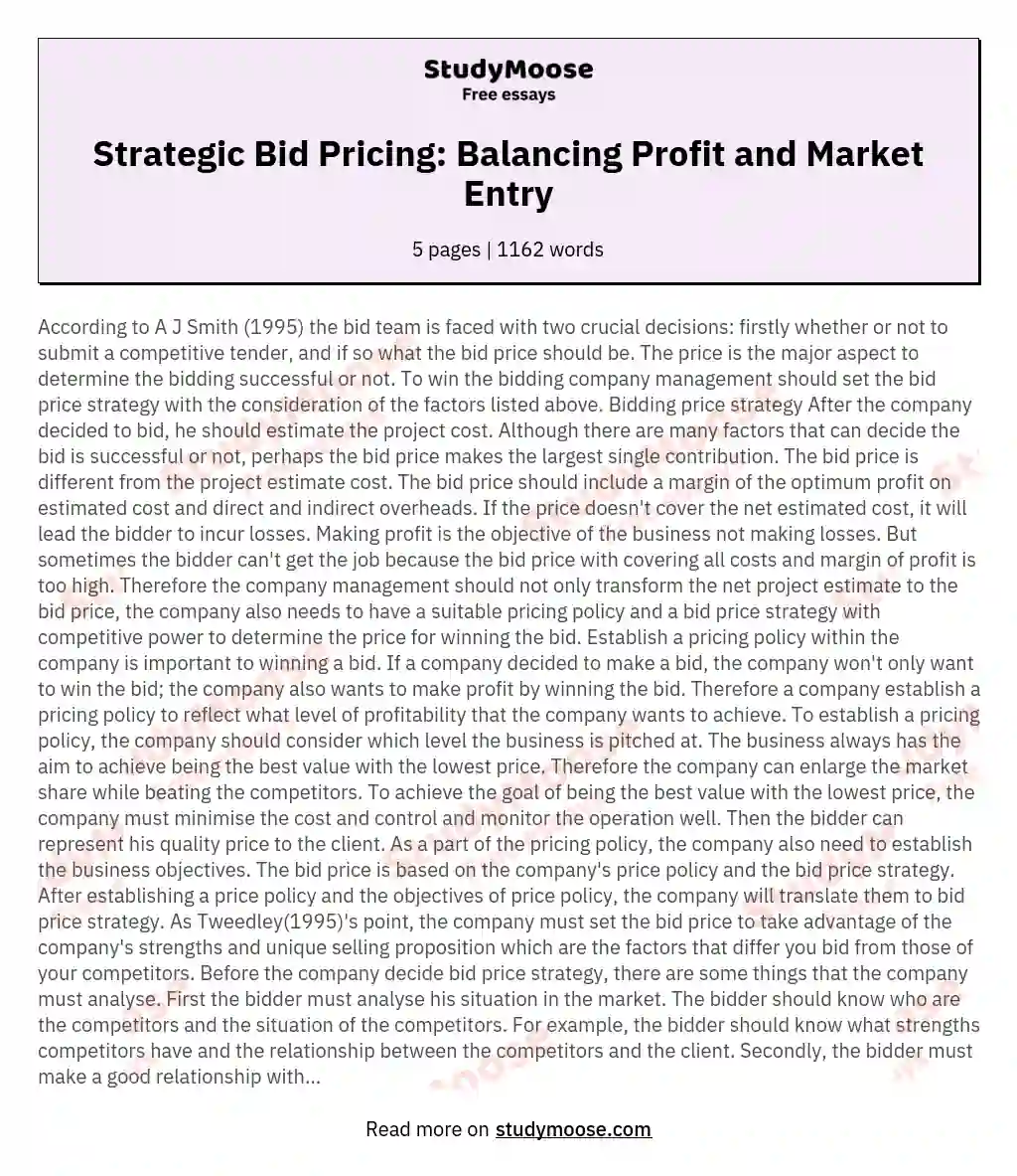 Strategic Bid Pricing: Balancing Profit and Market Entry essay