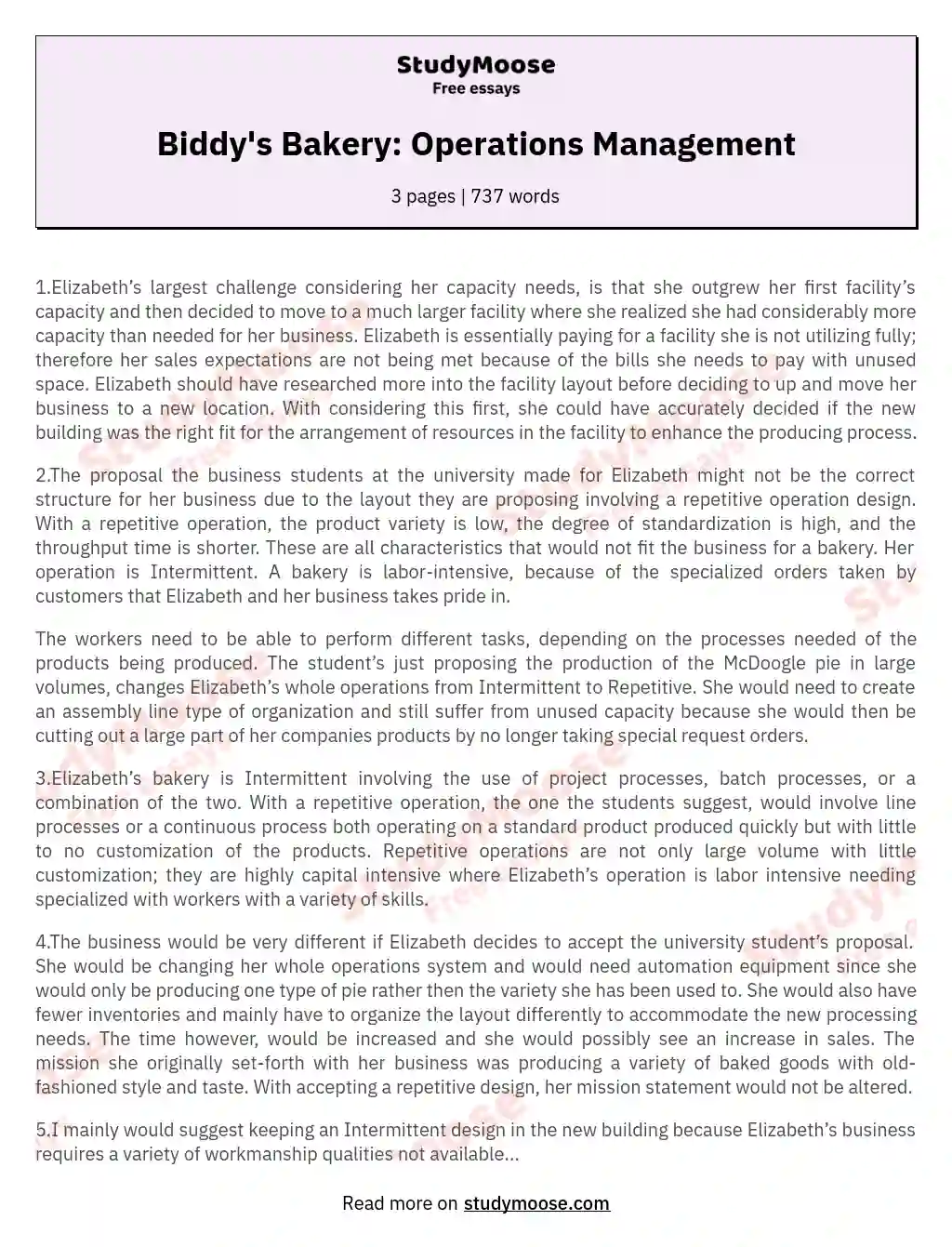 Biddy's Bakery: Operations Management essay