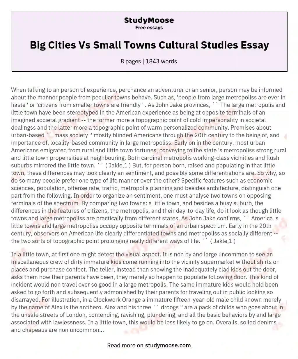 Big Cities Vs Small Towns Cultural Studies Essay