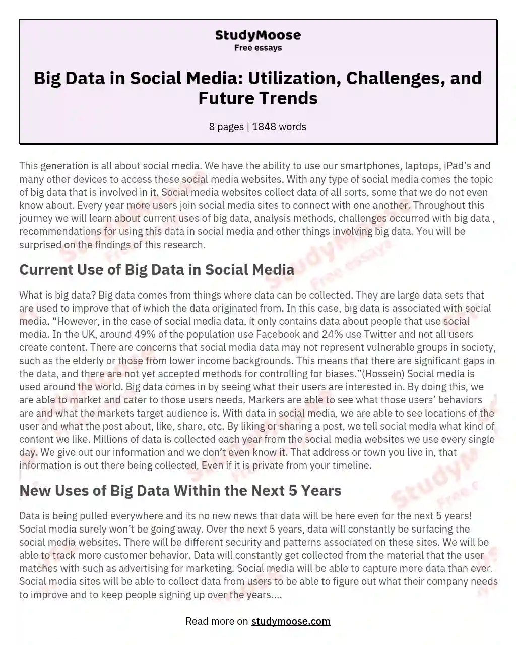 Big Data in Social Media: Utilization, Challenges, and Future Trends essay