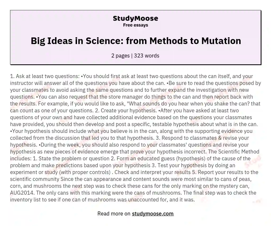 Big Ideas in Science: from Methods to Mutation essay