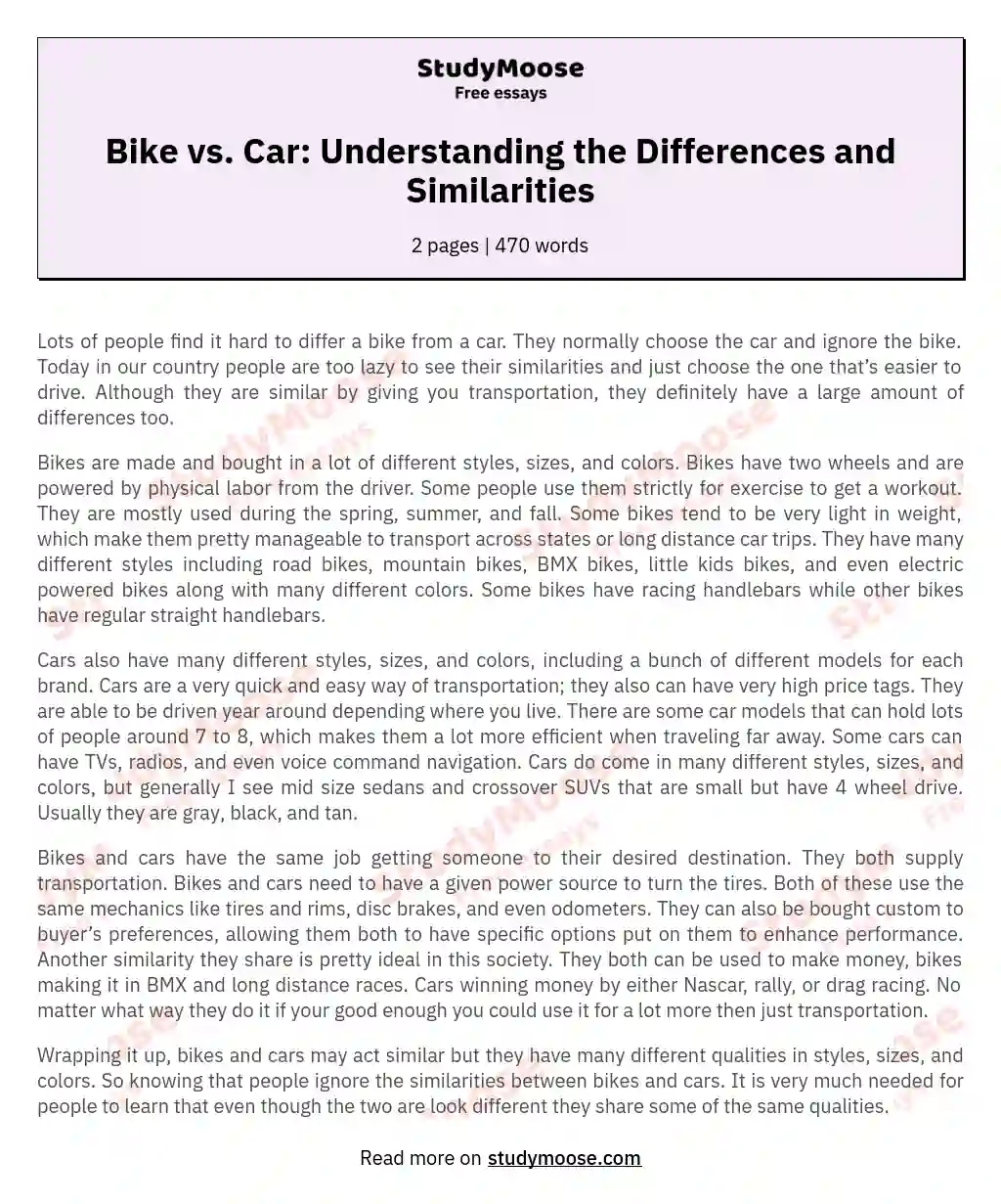 comparison and contrast essay about cars and bikes
