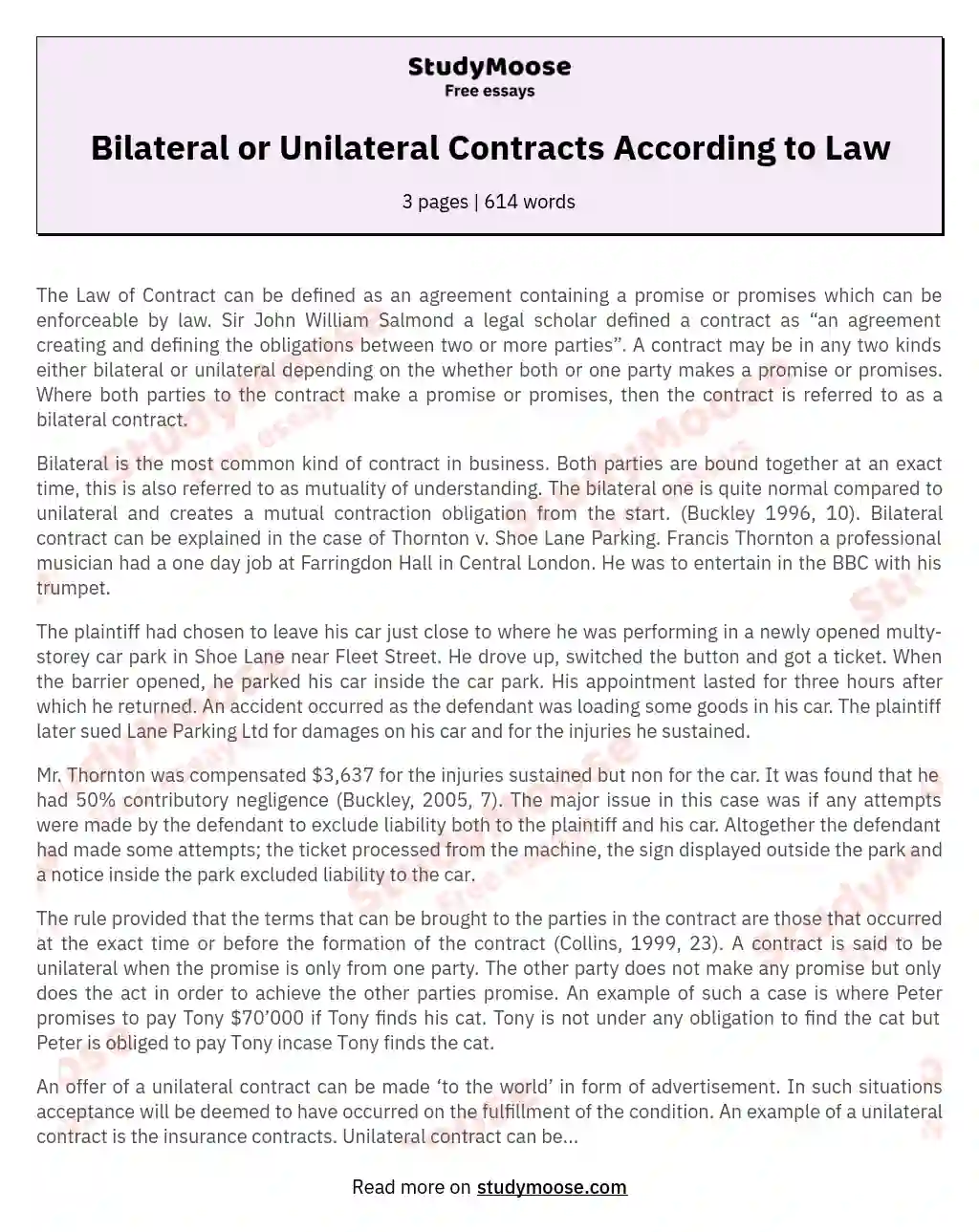 Bilateral or Unilateral Contracts According to Law essay