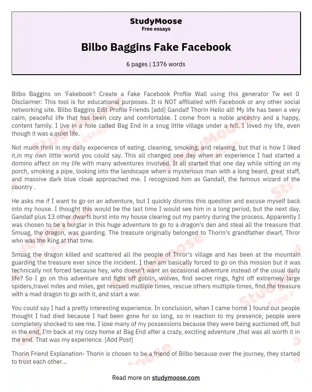 Bilbo Baggins Fake Facebook essay