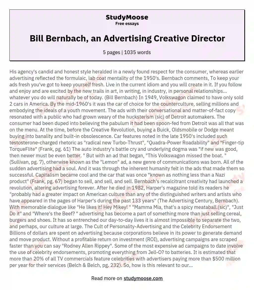 Bill Bernbach, an Advertising Creative Director essay