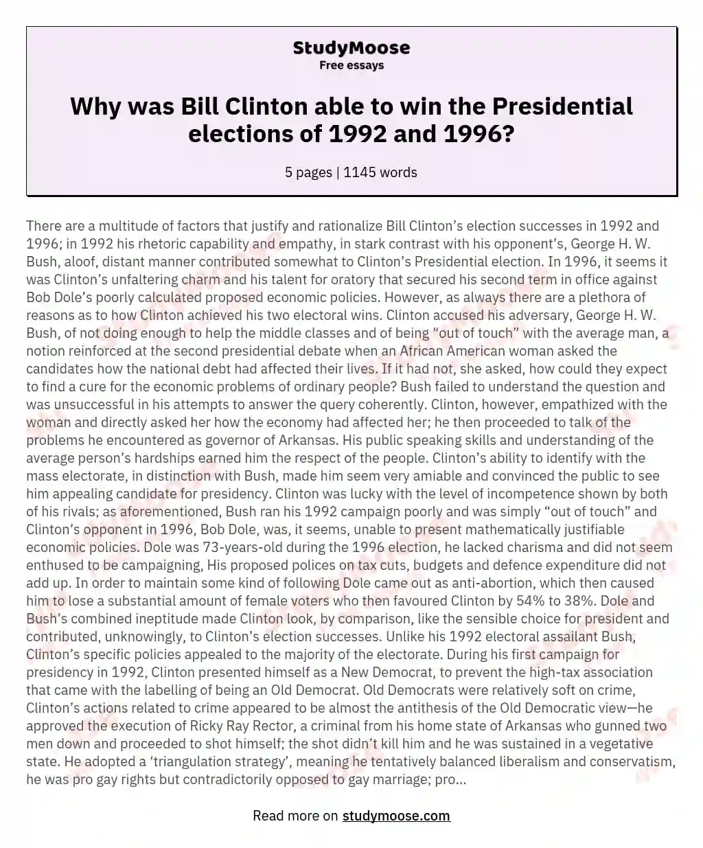 Why was Bill Clinton able to win the Presidential elections of 1992 and 1996? essay