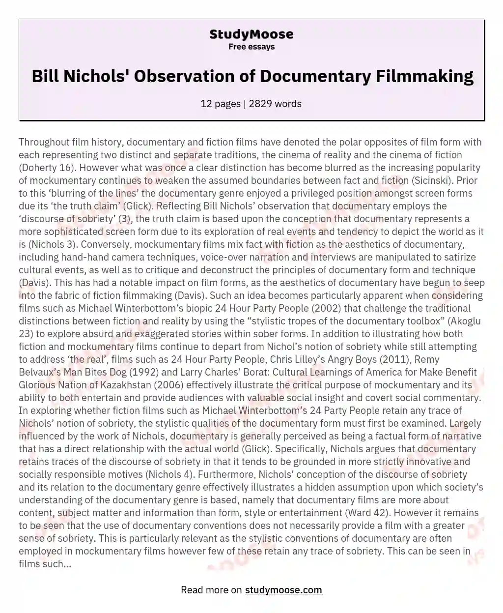 Bill Nichols' Observation of Documentary Filmmaking essay