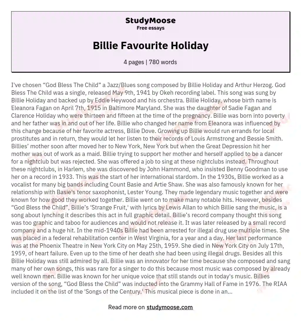 Billie Favourite Holiday essay
