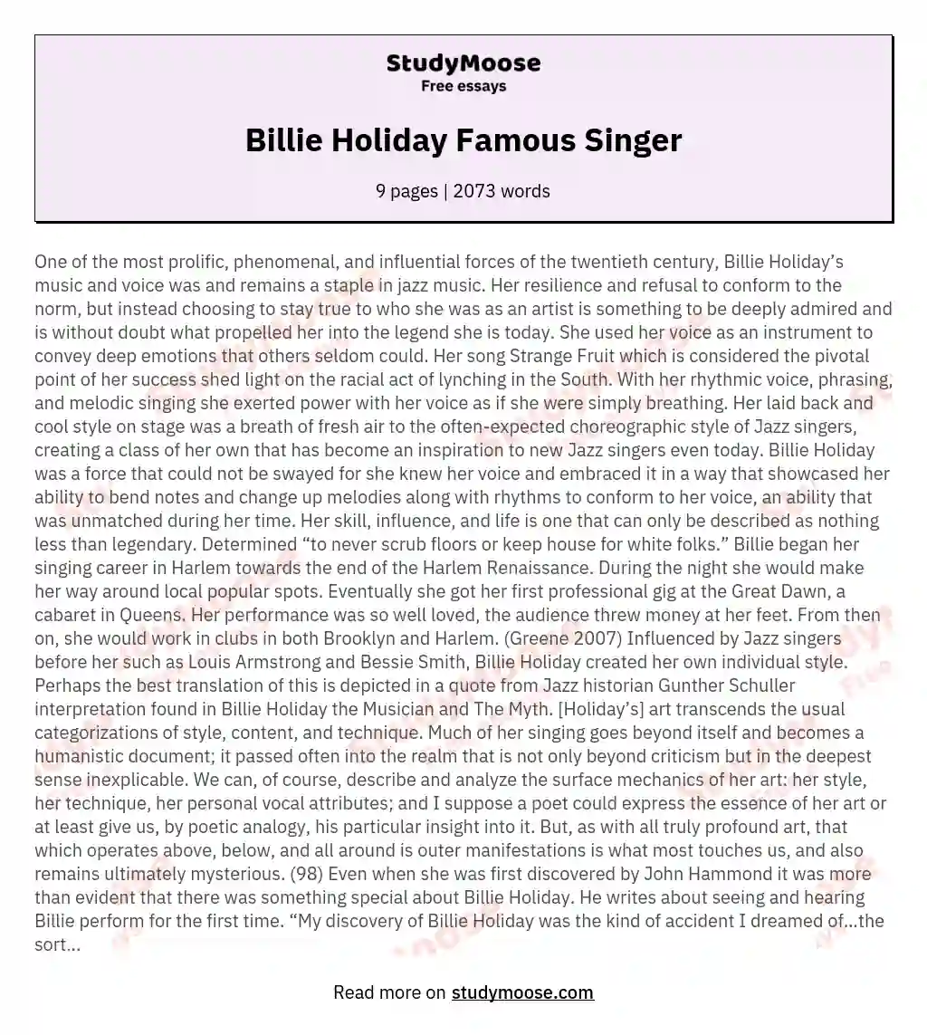 Billie Holiday Famous Singer essay