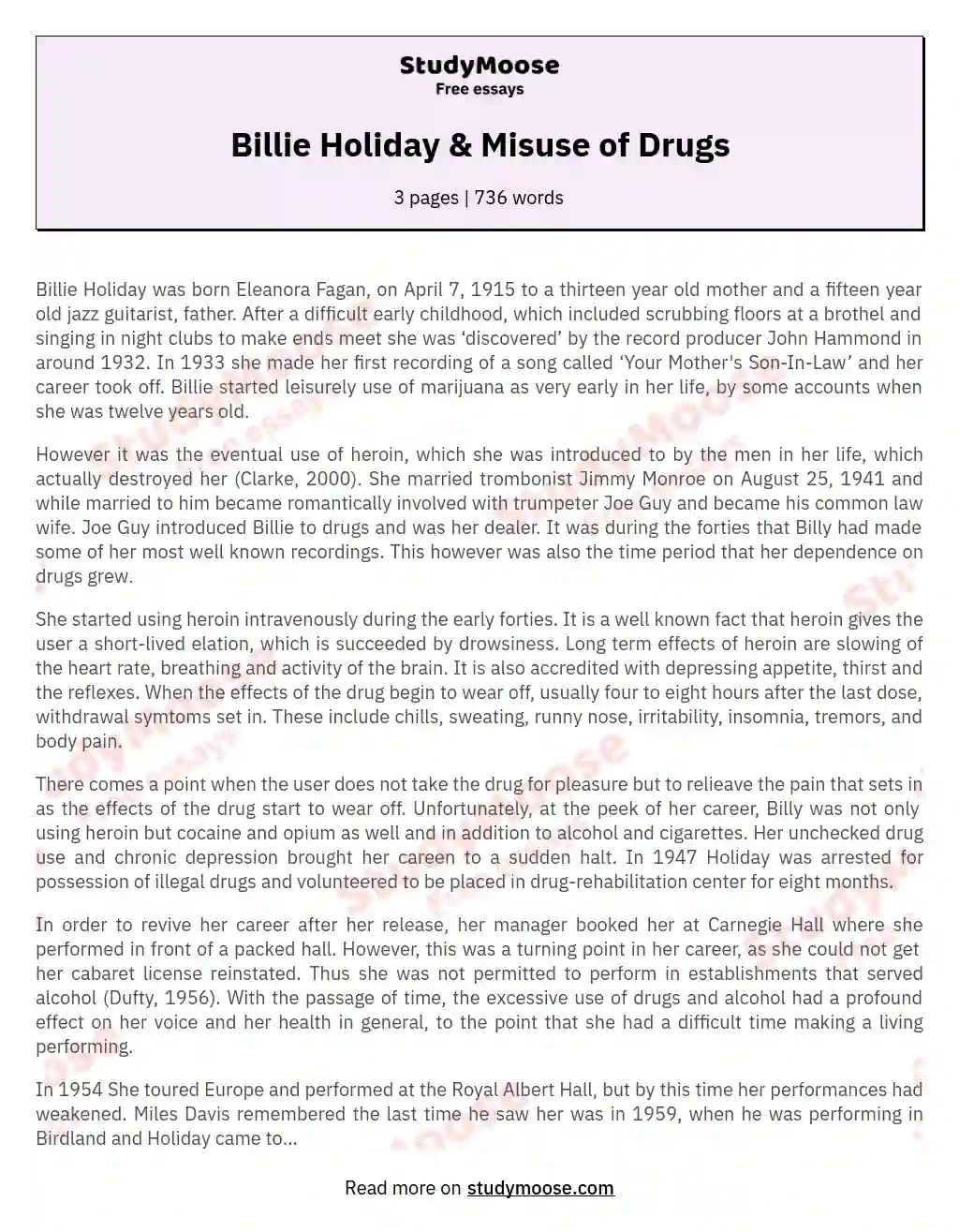 Billie Holiday &amp; Misuse of Drugs essay