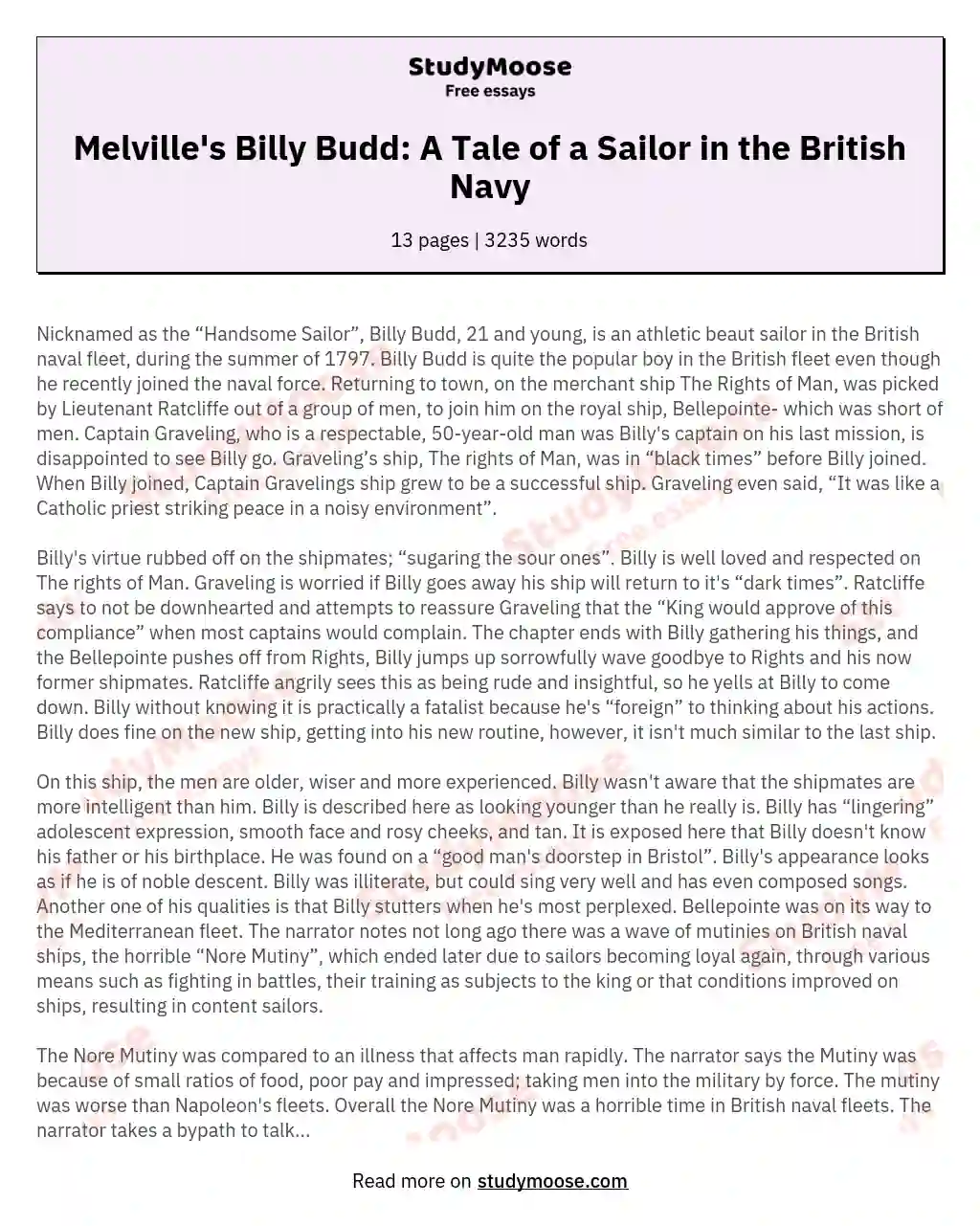 Melville's Billy Budd: A Tale of a Sailor in the British Navy essay