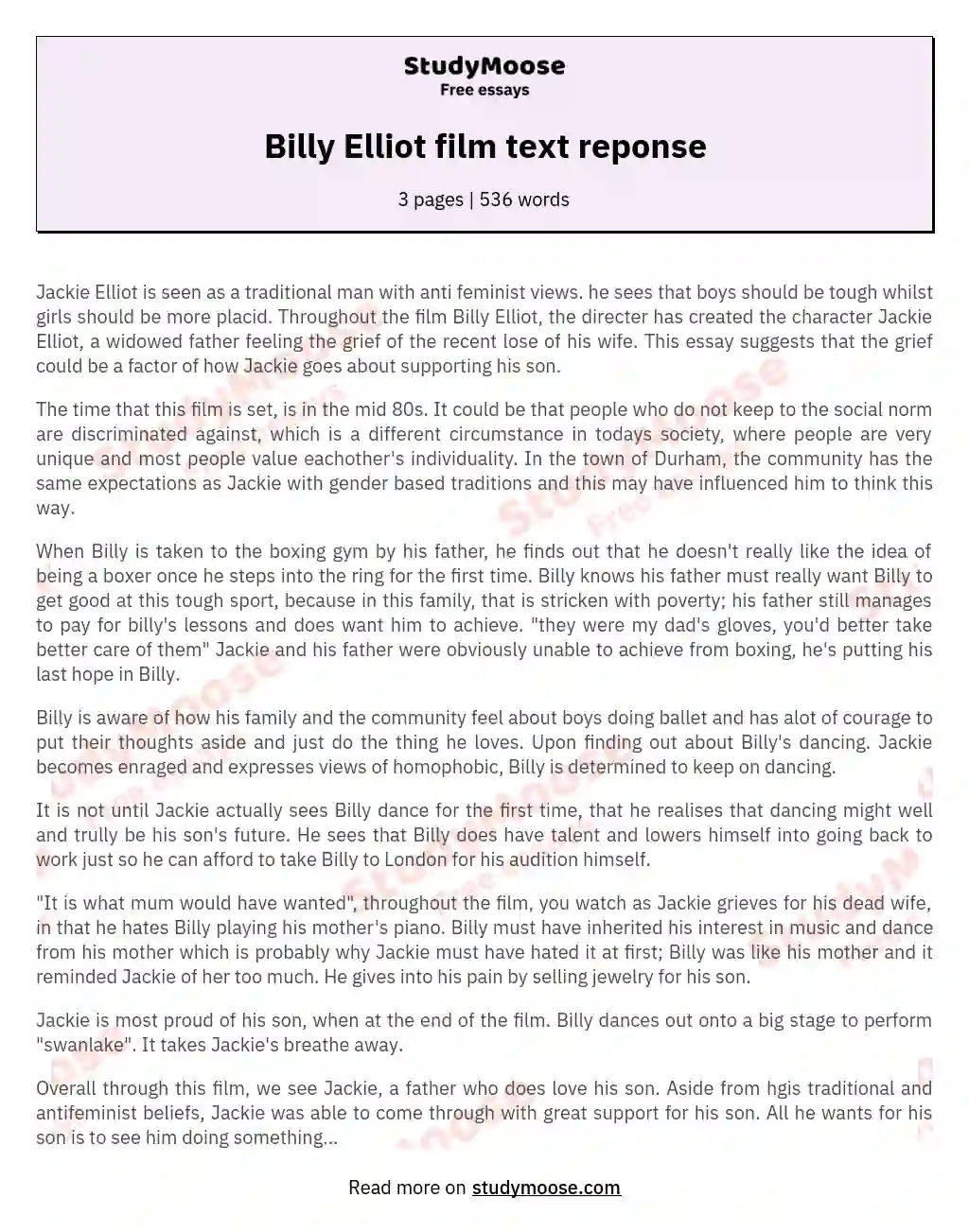 Billy Elliot film text reponse essay