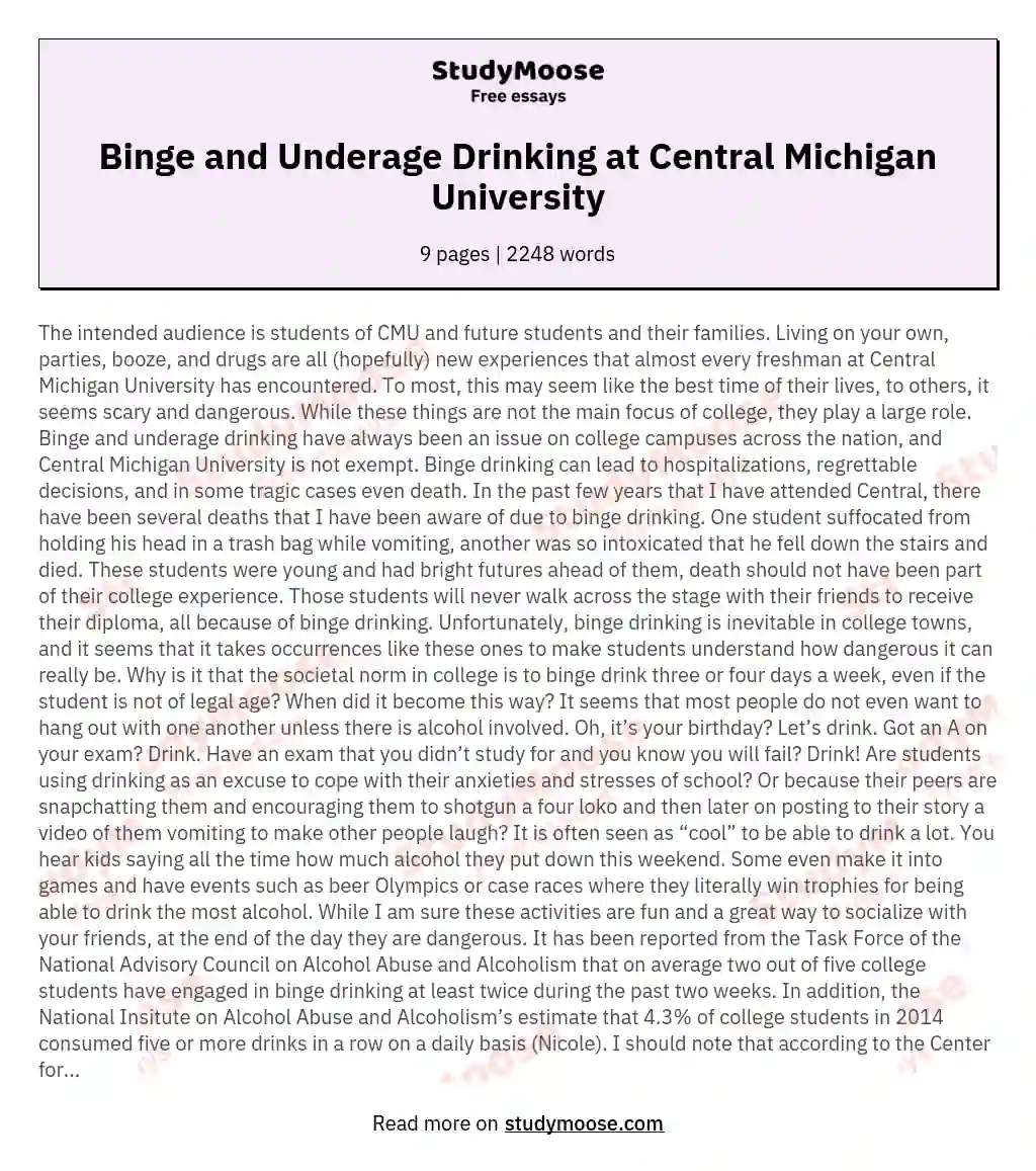 Binge and Underage Drinking at Central Michigan University essay