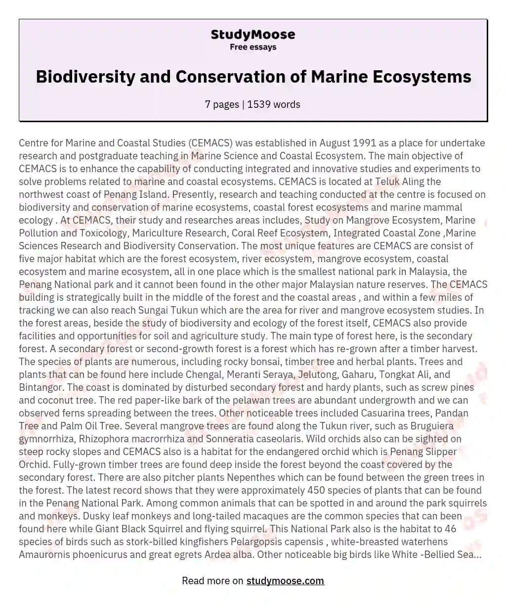 Biodiversity and Conservation of Marine Ecosystems essay