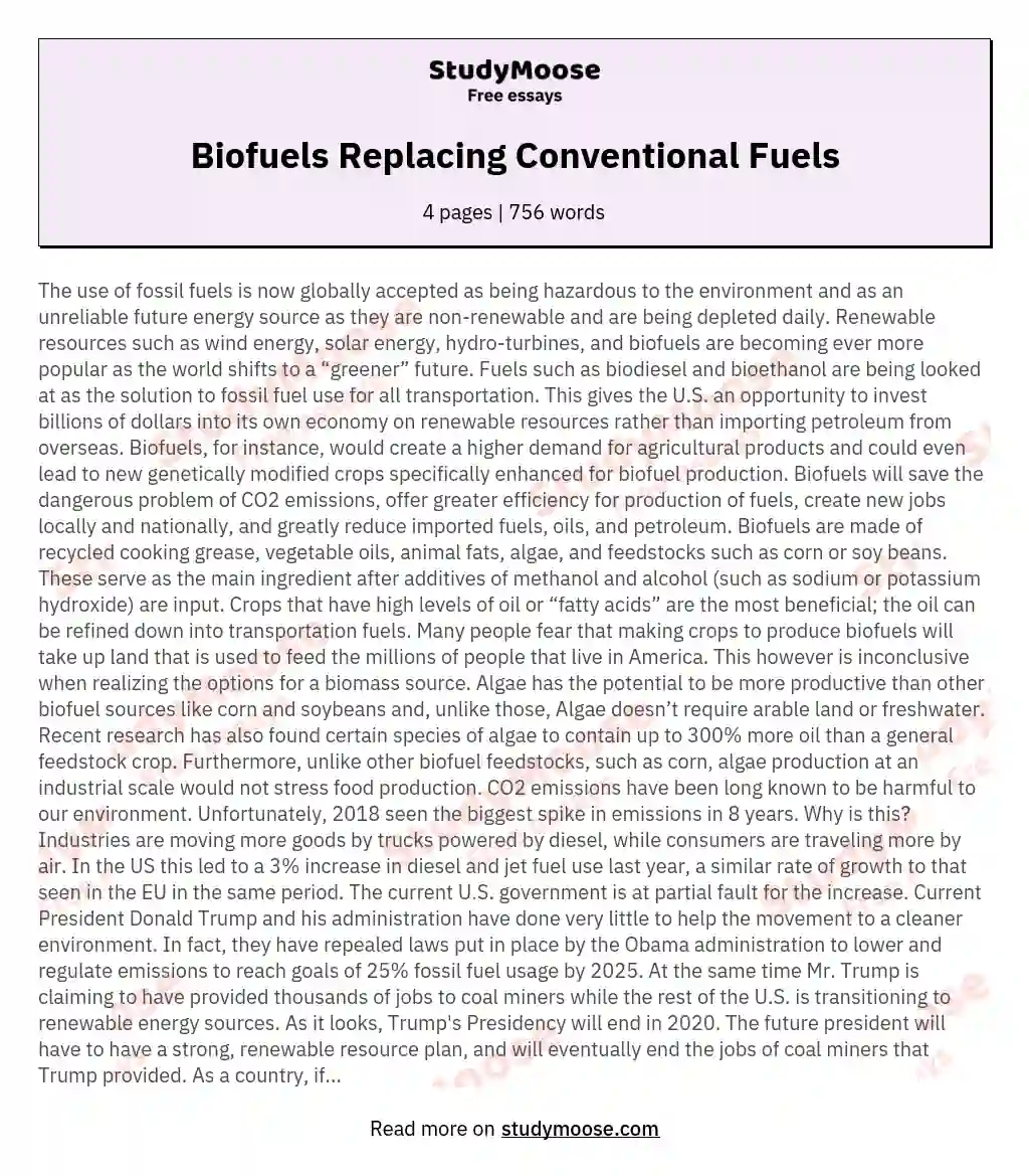 Biofuels Replacing Conventional Fuels essay